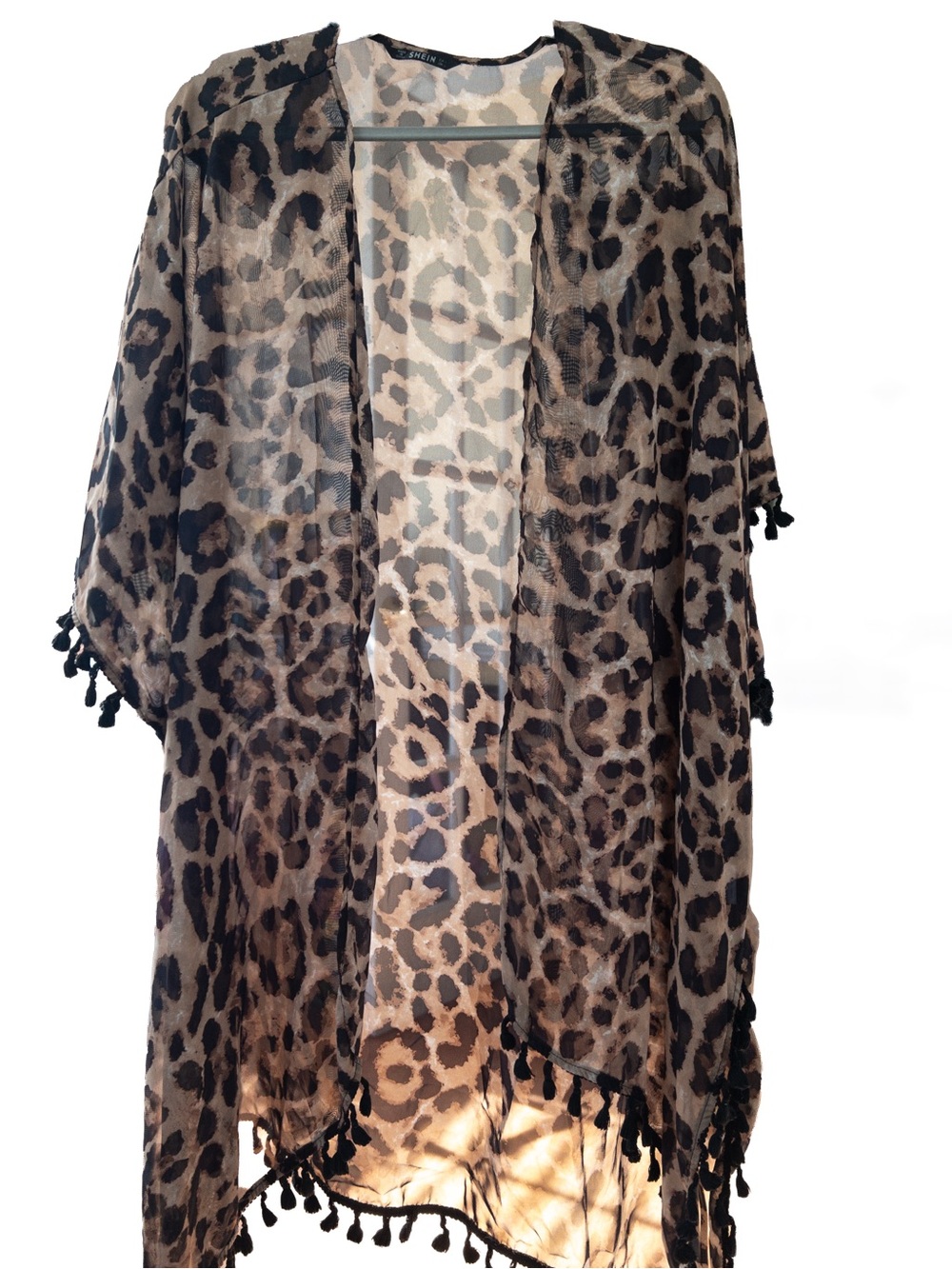 SHEIN Leopard Print Tassel Kimono L Sheer Boho Animal Print Cover Up